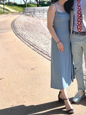 Birdy Grey Crepe Dusty Blue Cowl Neck Midi Dress
